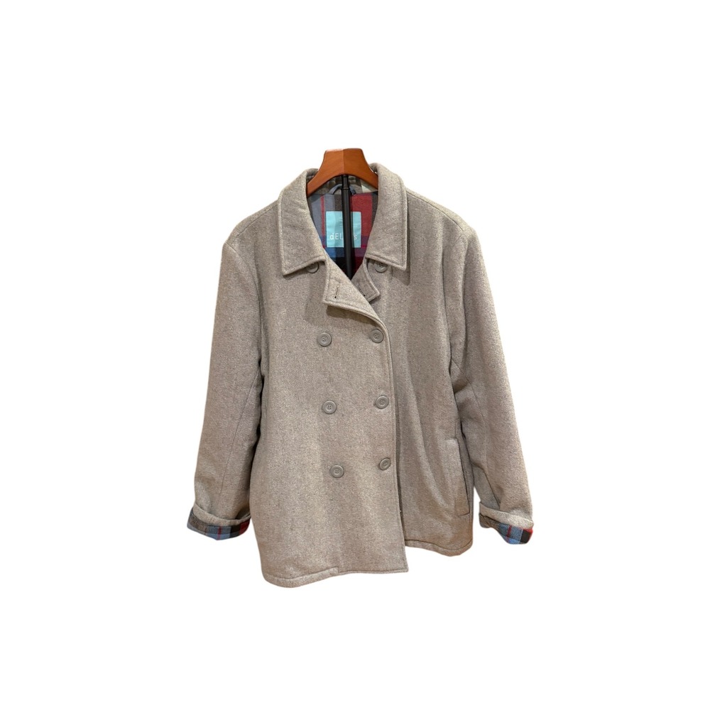 Vtg 1990s y2k dELiA*s Gray Wool Blend Double Breasted Pea Coat Plaid Lining XL